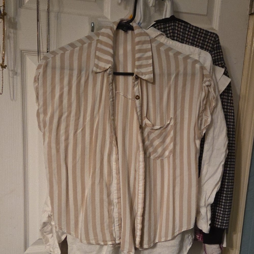Moa Moa Beige and White Striped Button-Up Blouse